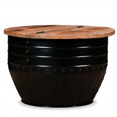 Kafijas galdiņš, mucas forma, pārstrādāts koks, tērauds, melns