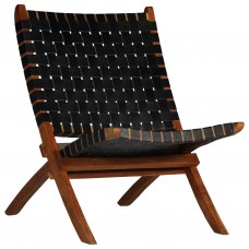 Saliekams atpūtas krēsls, melna dabīgā āda