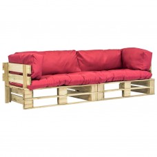 2-daļīgs dārza palešu dīvāns ar sarkaniem matračiem, priede