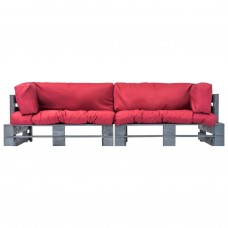 2-daļīgs palešu dīvānu komplekts ar sarkaniem matračiem, priede