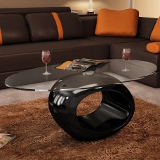 Kafijas galdiņš ar ovālas formas stikla virsmu, spīdīgs, melns