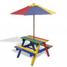 Bērnu piknika galds ar soliem, saulessargu, daudzkrāsains, koks