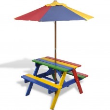 Bērnu piknika galds ar soliem, saulessargu, daudzkrāsains, koks