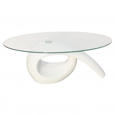 Kafijas galdiņš ar ovālas formas stikla virsmu, spīdīgi balts