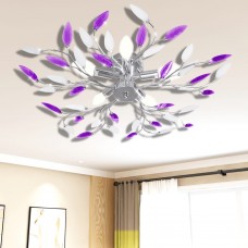 Griestu lampa ar akrila kristālu lapām 5 e14 spuldzēm, violeta, balta