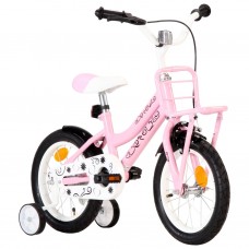 Bērnu velosipēds ar priekšējo bagāžnieku, 14 collas, balts,rozā