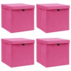 Uzglabāšanas kastes ar vāku, 4 gab., 32x32x32 cm, rozā audums