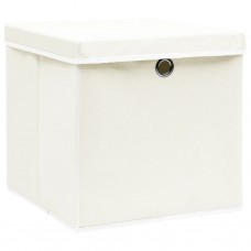 Uzglabāšanas kastes ar vāku, 4 gab., 32x32x32 cm, balts audums