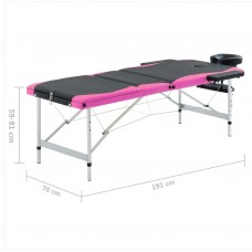 Saliekams masāžas galds, 3 daļas, alumīnijs, melns ar rozā