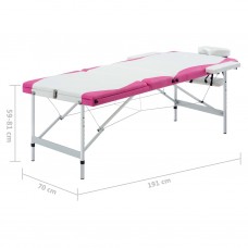 Saliekams masāžas galds, 3 daļas, alumīnijs, balts ar rozā