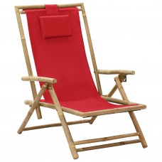 Atpūtas krēsls, atgāžams, sarkans audums, bambuss
