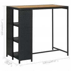 Bāra galds ar plauktiem, 120x60x110 cm, melna pe rotangpalma