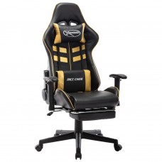 Datorspēļu krēsls ar kāju balstu, melna, zeltaina mākslīgā āda