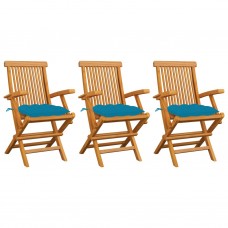 Dārza krēsli, gaiši zili matrači, 3 gab., masīvs tīkkoks