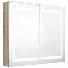 Vannasistabas skapītis ar spoguli un led, 80x12x68 cm, ozolkoka