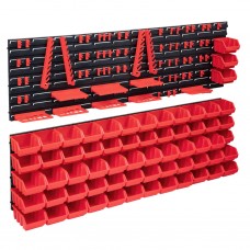 141-daļīgs sienas plaukts ar kastēm un paneļiem, melns, sarkans
