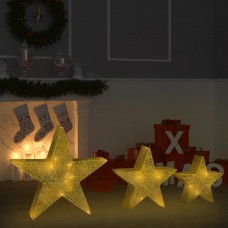 Ziemassvētku dekorācija, 3 zvaigznes, zelta krāsas siets, led