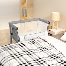 Bērnu gultiņa ar matraci, gaiši pelēks lina audums