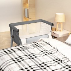 Bērnu gultiņa ar matraci, tumši pelēks lina audums