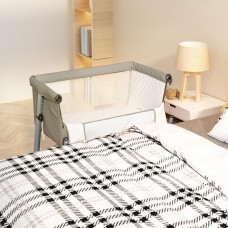 Bērnu gultiņa ar matraci, pelēkbrūns lina audums