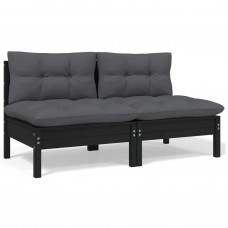 2-vietīgs dārza dīvāns ar spilveniem, melns priedes masīvkoks