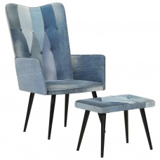 Atpūtas krēsls ar kājsoliņu, zila džinsa tekstilmozaīkas audums