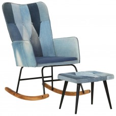 Šūpuļkrēsls ar kājsoliņu, zila džinsa tekstilmozaīkas audums