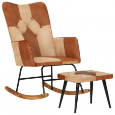 Šūpuļkrēsls ar kājsoliņu, brūna dabīgā āda un audums