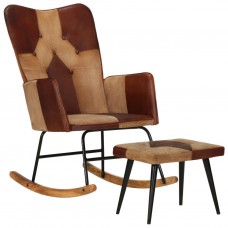 Šūpuļkrēsls ar kājsoliņu, brūna dabīgā āda un audums