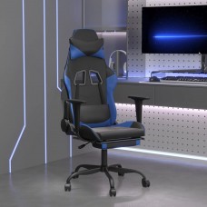 Masāžas datorkrēsls ar kāju balstu, melna un zila mākslīgā āda