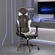 Masāžas datorkrēsls ar kāju balstu, melna un balta mākslīgā āda