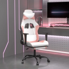 Datorspēļu krēsls ar kāju balstu, balta un rozā mākslīgā āda