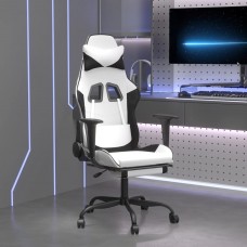 Masāžas datorkrēsls ar kāju balstu, balta un melna mākslīgā āda