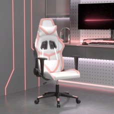 Masāžas datorspēļu krēsls, balta un rozā mākslīgā āda