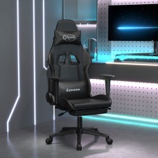 Masāžas datorspēļu krēsls ar kāju balstu, melna mākslīgā āda