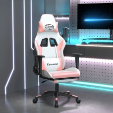 Masāžas datorkrēsls ar kāju balstu, balta un rozā mākslīgā āda