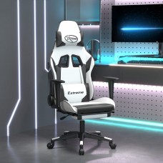 Masāžas datorkrēsls ar kāju balstu, balta un melna mākslīgā āda
