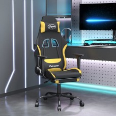Masāžas datorspēļu krēsls, kāju balsts, melns, dzeltens audums