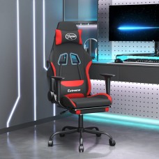 Masāžas datorspēļu krēsls ar kāju balstu, melns, sarkans audums