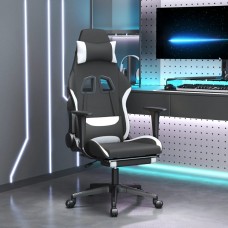 Masāžas datorspēļu krēsls ar kāju balstu, melns un balts audums