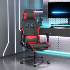 Masāžas datorspēļu krēsls ar kāju balstu, melns, sarkans audums