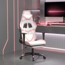 Datorspēļu krēsls ar kāju balstu, balta un rozā mākslīgā āda