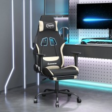 Datorspēļu krēsls ar kāju balstu, melns un krēmkrāsas audums