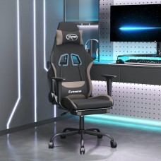 Datorspēļu krēsls ar kāju balstu, melns un pelēkbrūns audums