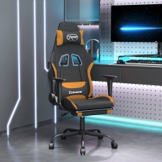 Datorspēļu krēsls ar kāju balstu, melns un oranžs audums