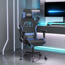 Datorspēļu krēsls ar kāju balstu, melns un zils audums