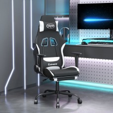 Datorspēļu krēsls ar kāju balstu, melns un balts audums