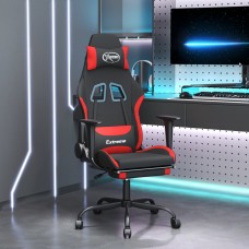 Datorspēļu krēsls ar kāju balstu, melns un sarkans audums