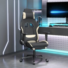 Datorspēļu krēsls ar kāju balstu, melns un krēmkrāsas audums