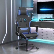 Datorspēļu krēsls ar kāju balstu, melns un zils audums